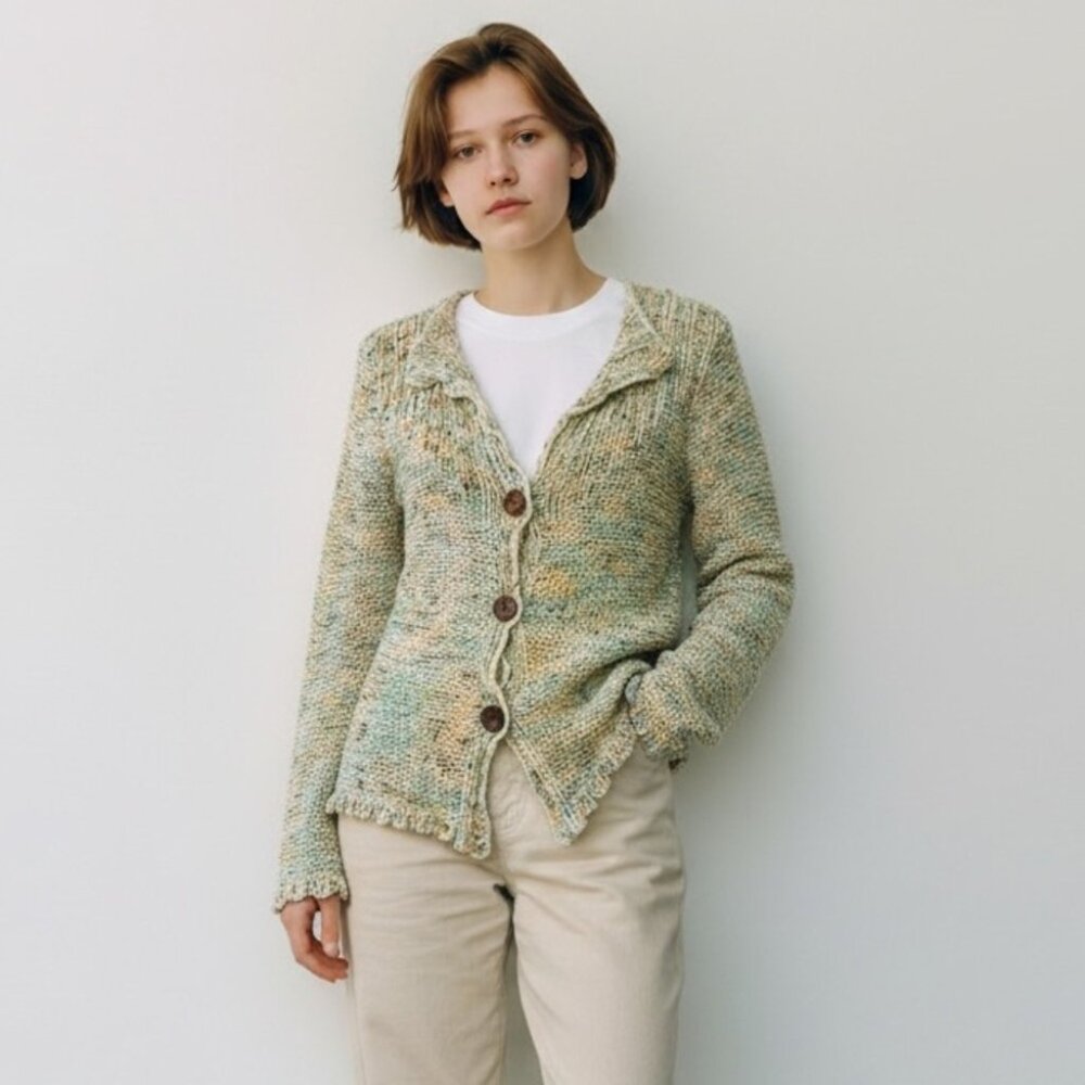 Bcbgmaxazria Confetti Cardigan Cream Sweater Wooden‎ Buttons Womens Size L Large